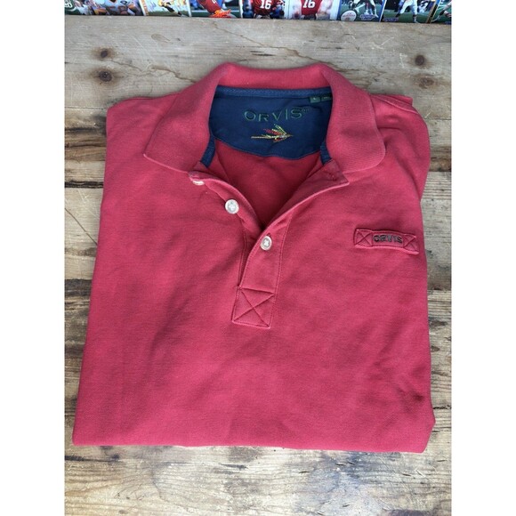 Orvis Shirt Mens Red Signature Polo Short Sleeve Cotton Collared Fly Fishing Lrg - Picture 1 of 8